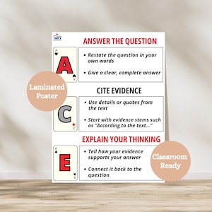 May include: A laminated poster with the text "ANSWER THE QUESTION", "CITE EVIDENCE", and "EXPLAIN YOUR THINKING". The poster features playing card designs with the letters A, C, and E. A circular sticker reads "Classroom Ready".