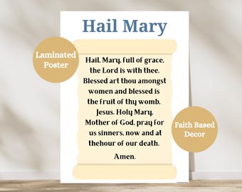 May include: A laminated poster with the text "Hail Mary" in blue at the top. The text of the prayer is displayed on a parchment-like background. The poster is labeled "Laminated Poster" and "Faith Based Decor".