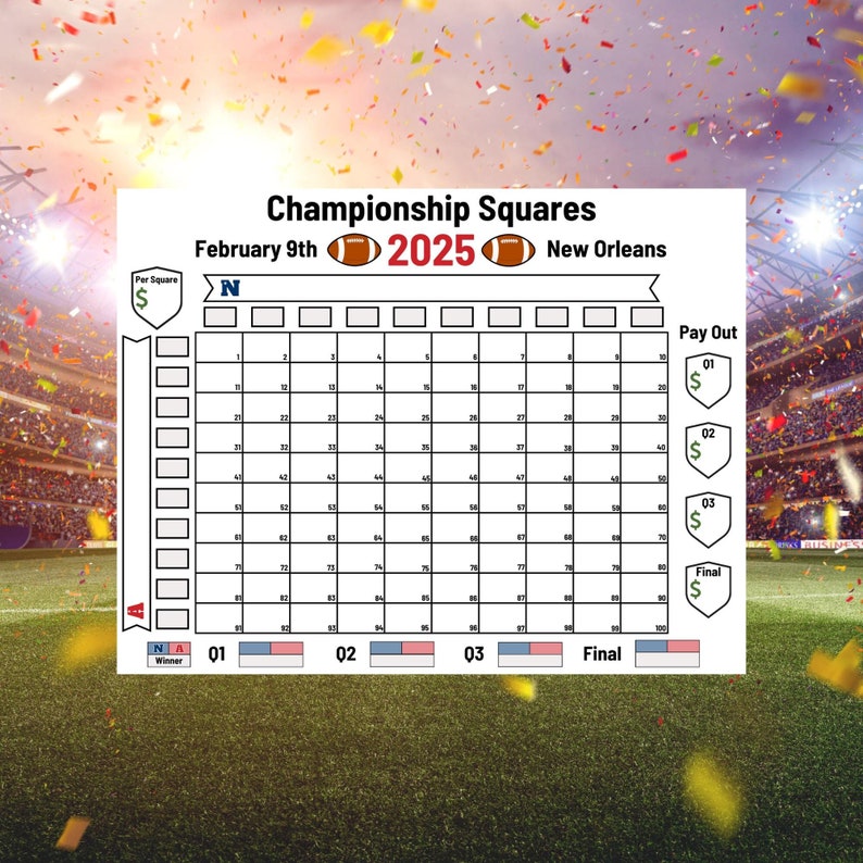 Printable Super Bowl Boxes, Super Bowl Pool Squares, 100 Squares Pool