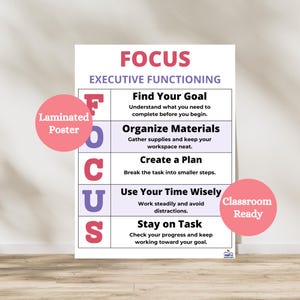 May include: Laminated poster with the word "FOCUS" in pink and the words "EXECUTIVE FUNCTIONING" in black. The poster includes steps to improve focus, such as "Find Your Goal" and "Stay on Task". A pink circle says "Classroom Ready".
