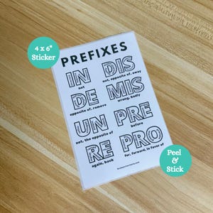 May include: A white sticker, 4 x 6 inches, with the title "PREFIXES" in bold black letters. The sticker features various prefixes like "IN", "DIS", "UN", "PRE", "RE", and "PRO", along with their meanings. The sticker also has the words "Peel & Stick".