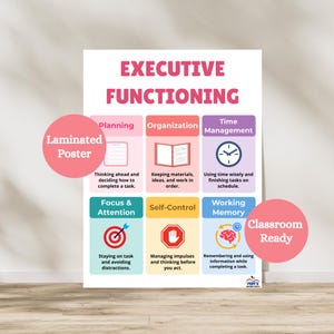May include: Laminated poster titled "EXECUTIVE FUNCTIONING" with sections on planning, organization, time management, focus, self-control, and working memory. Includes the text "Classroom Ready". The poster is designed for educational use.