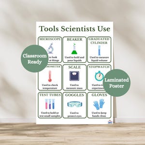 May include: Laminated poster titled "Tools Scientists Use." The poster displays illustrations of scientific tools like a microscope, beaker, graduated cylinder, thermometer, scale, stopwatch, test tubes, goggles, and gloves. The poster is classroom ready.