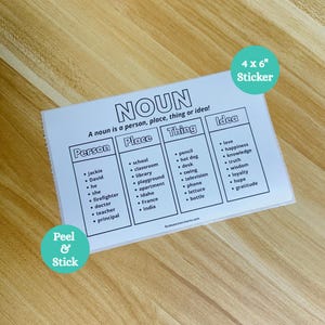 May include: A white 4 x 6 inch sticker with the word "NOUN" at the top, listing examples of nouns in categories like Person, Place, Thing, and Idea. The sticker also says "Peel & Stick".