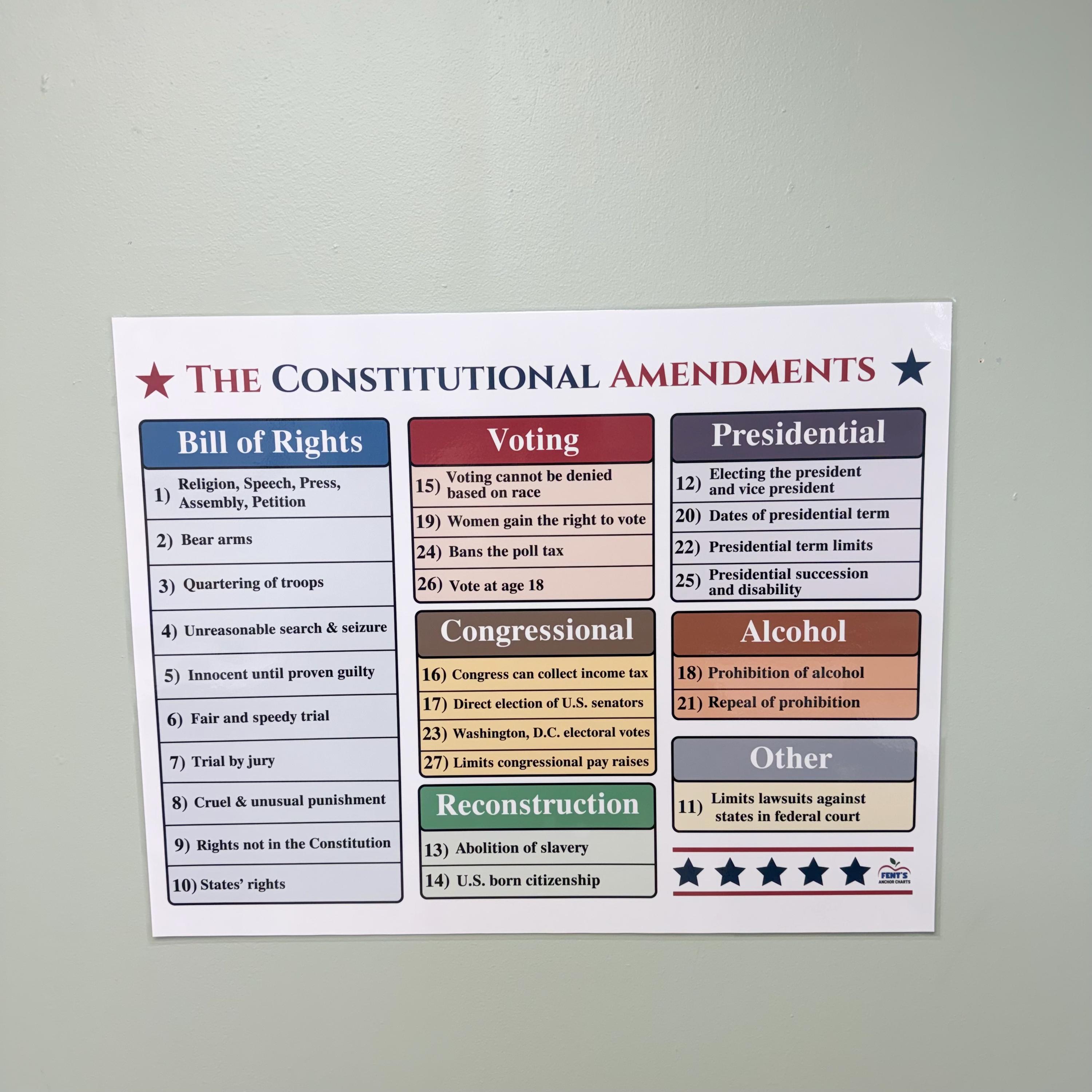 Constitutional Amendments Laminated Chart | Bill of Rights for ...