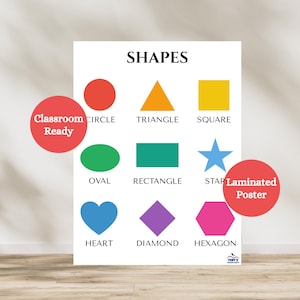 May include: A laminated poster featuring colorful shapes for educational purposes. The poster displays a circle, triangle, square, oval, rectangle, star, heart, diamond, and hexagon. Text on the poster reads "Shapes", "Classroom Ready", and "Laminated Poster".
