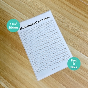 May include: White Multiplication Table sticker, 4 x 6 inches, with numbers and the text "Multiplication Table." Includes a "Peel & Stick" label. The sticker is on a light brown wooden surface.