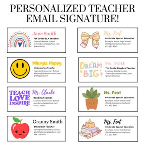 Puede incluir: Una colección de firmas de correo electrónico personalizadas para profesores. Cada firma incluye un nombre, título, escuela e información de contacto. Los diseños incluyen un arcoíris, una carita sonriente, un lazo, una manzana, una planta y libros.