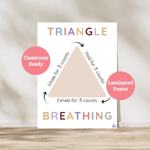 May include: A laminated poster with the words "TRIANGLE BREATHING" in colorful letters. The poster illustrates a breathing exercise with a triangle shape and instructions: "Inhale for 3 counts," "Hold for 3 counts," and "Exhale for 3 counts."