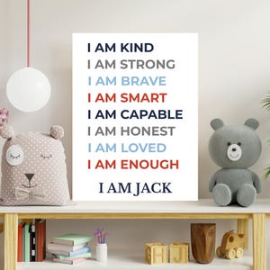 Póster de afirmación para niños / Impresión de nombre personalizado / Declaraciones de confianza "Soy yo" para habitación infantil