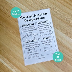 May include: A 4 x 6 inch sticker with the title "Multiplication Properties" and examples of commutative, associative, distributive, and identity properties. The sticker is white with black text and a green "Peel & Stick" label.