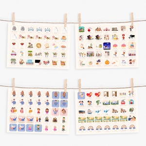 May include: Four sets of colorful illustrated cards with various images, including people, animals, objects, and activities. The cards are arranged in a grid format and are printed on white paper.