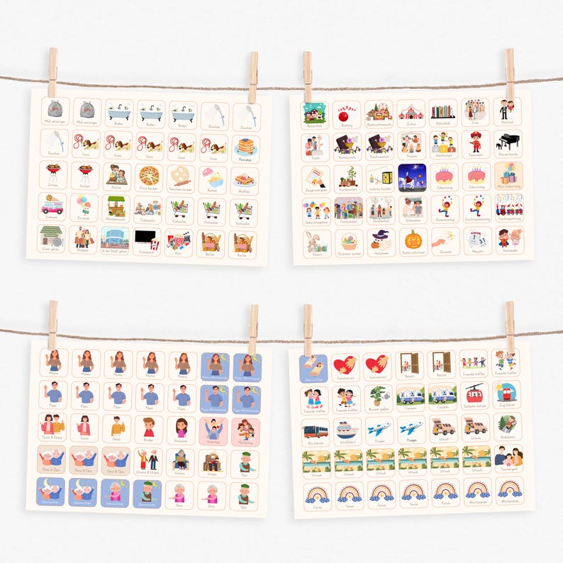 May include: Four sets of colorful illustrated cards with various images, including people, animals, objects, and activities. The cards are arranged in a grid format and are printed on white paper.