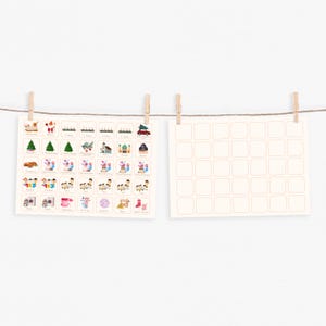 May include: A printable advent calendar with 24 illustrated squares featuring holiday themes. The squares are ready to be filled with small gifts or treats. The calendar is printed on white paper with a light brown border.