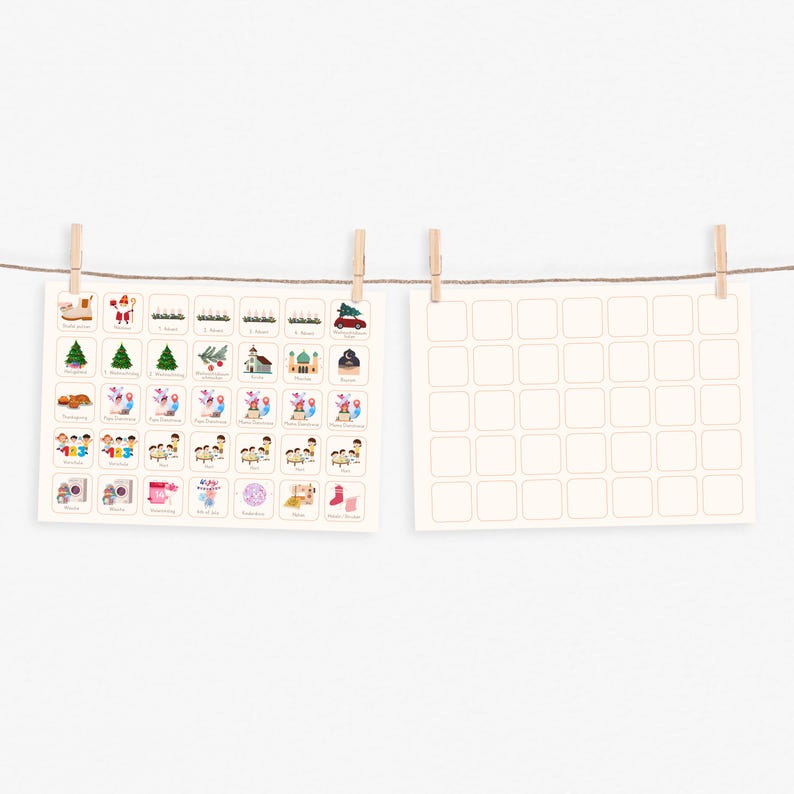 May include: A printable advent calendar with 24 illustrated squares featuring holiday themes. The squares are ready to be filled with small gifts or treats. The calendar is printed on white paper with a light brown border.