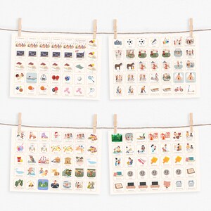 May include: Four sheets of paper with colorful illustrations of various activities. Each sheet is divided into a grid of 6x6 squares, each square containing a different image. The images depict activities such as playing sports, going to school, playing in the park, and doing household chores.