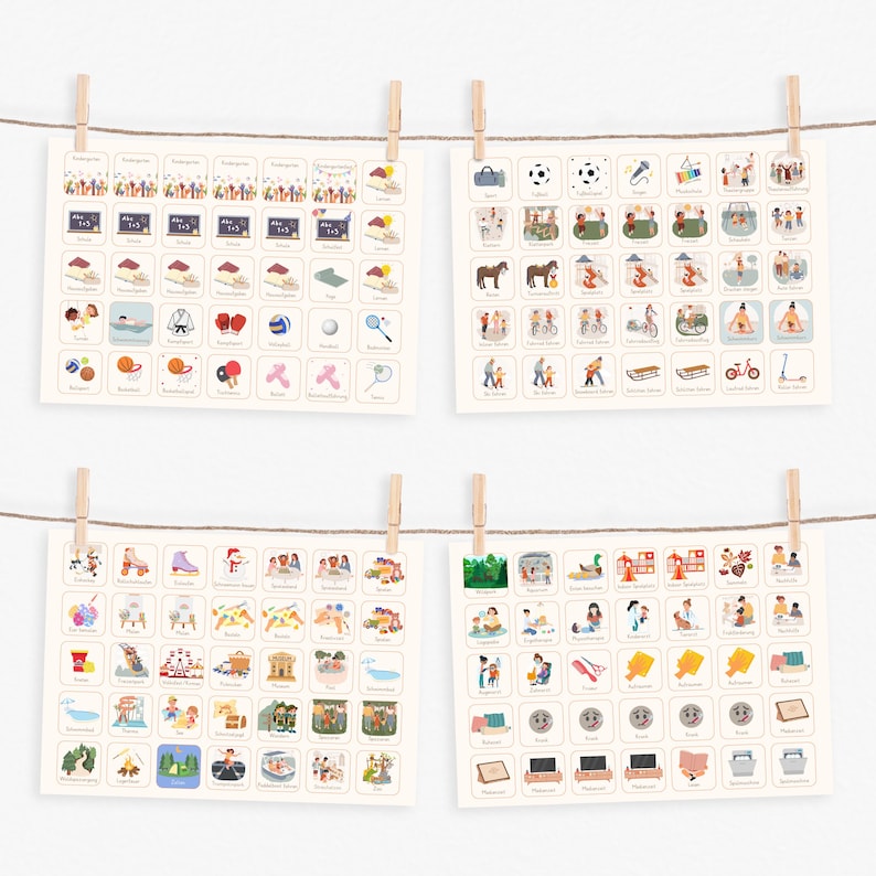 May include: Four sheets of paper with colorful illustrations of various activities. Each sheet is divided into a grid of 6x6 squares, each square containing a different image. The images depict activities such as playing sports, going to school, playing in the park, and doing household chores.