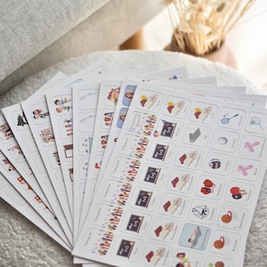 May include: A set of 10 white cards with colorful illustrations and text. Each card features a different activity, such as school, sports, and play. The text on the cards includes "Kindergarten", "Abc 1-3", "School", "Soccer", "Basketball", "Swimming", "Tennis", "Volleyball", "Gymnastics", and "Dance".