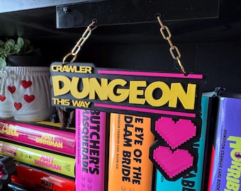 Dungeon This Way Sign Bookself Decor DCC Inspired | Bookshelf Hanging Charm | Fantasy Bookish Bookself Accessories | Fantasy Shelf Hanger
