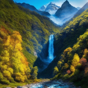 Sofortiger download &quot;Wasserfall Wisdom&quot; digitale Kunst von beholdersai, unikat, druckbar, abstrakt, Wandkunst, Poster, Sonnenuntergang, Strand, Landschaft