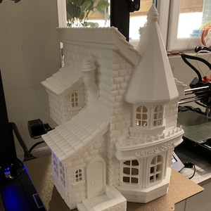 May include: A white 3D printed model of a small house with a candy store sign that reads "Candy Store". The house has a pointed roof, a chimney, and a small porch with steps. The model is sitting on a brown surface.