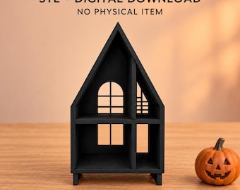 May include: A black, two-storey house-shaped structure with an arched window and a small pumpkin figurine. The text at the top reads: STL • DIGITAL DOWNLOAD NO PHYSICAL ITEM. This is a digital file for 3D printing, not a physical object.