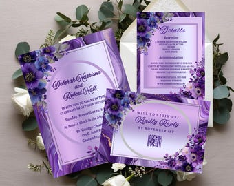 Purple Floral Wedding Invitation Template Set Canva Editable Marble Design Instant Download 9 Editable Canva Templates Instructions E-vite