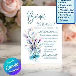 Teal Floral Bridal Shower Set: Editable Canva Templates (Digital Download)