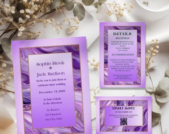 Lavender Wedding Invitation Set Lavender Marble Wedding Seven Templates Printable Editable in Canva Instant Download Instructions Included