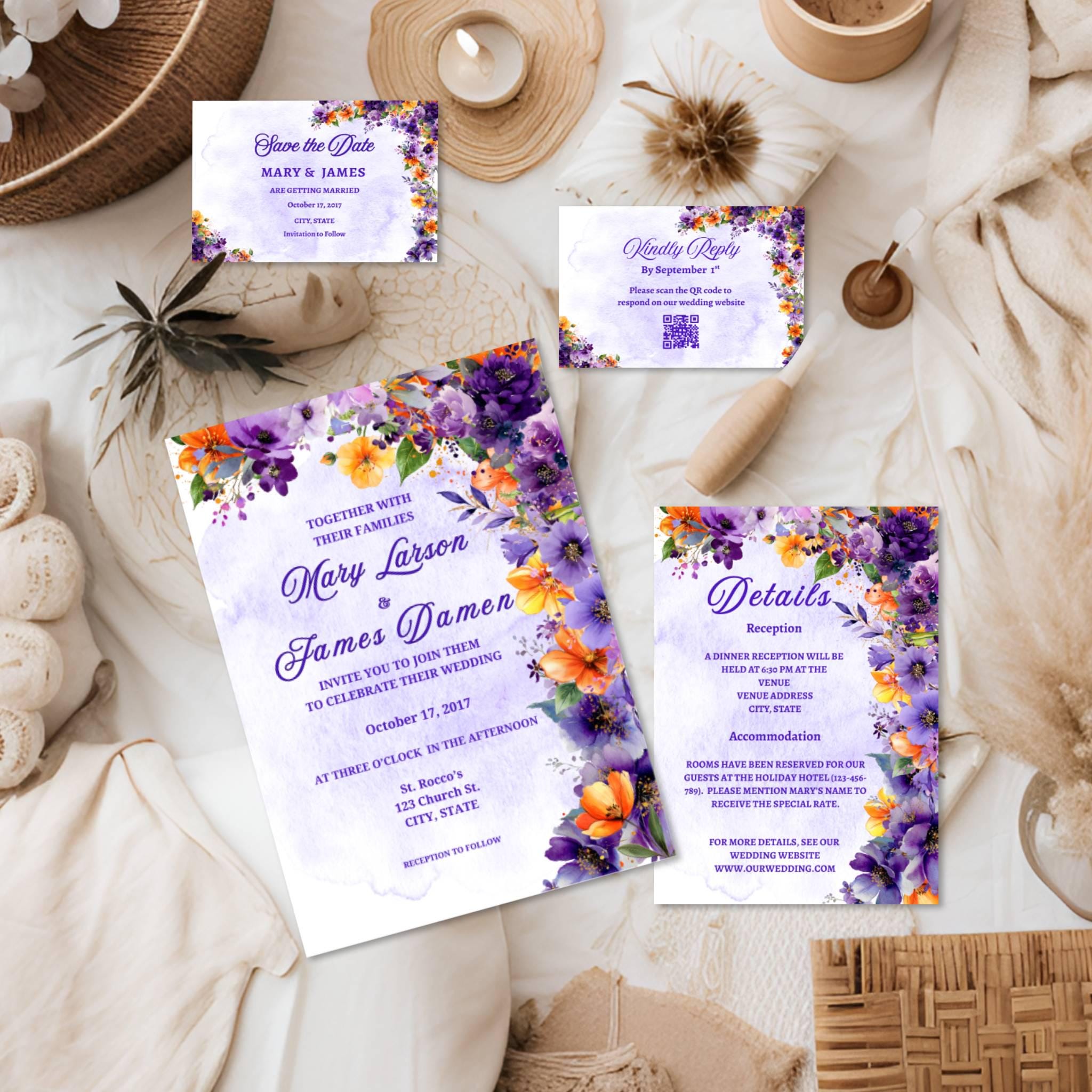 Purple & Orange Floral Wedding Invitation Template Set Customizable in Canva Digital Wedding Invite  Instructions Included Instant Download