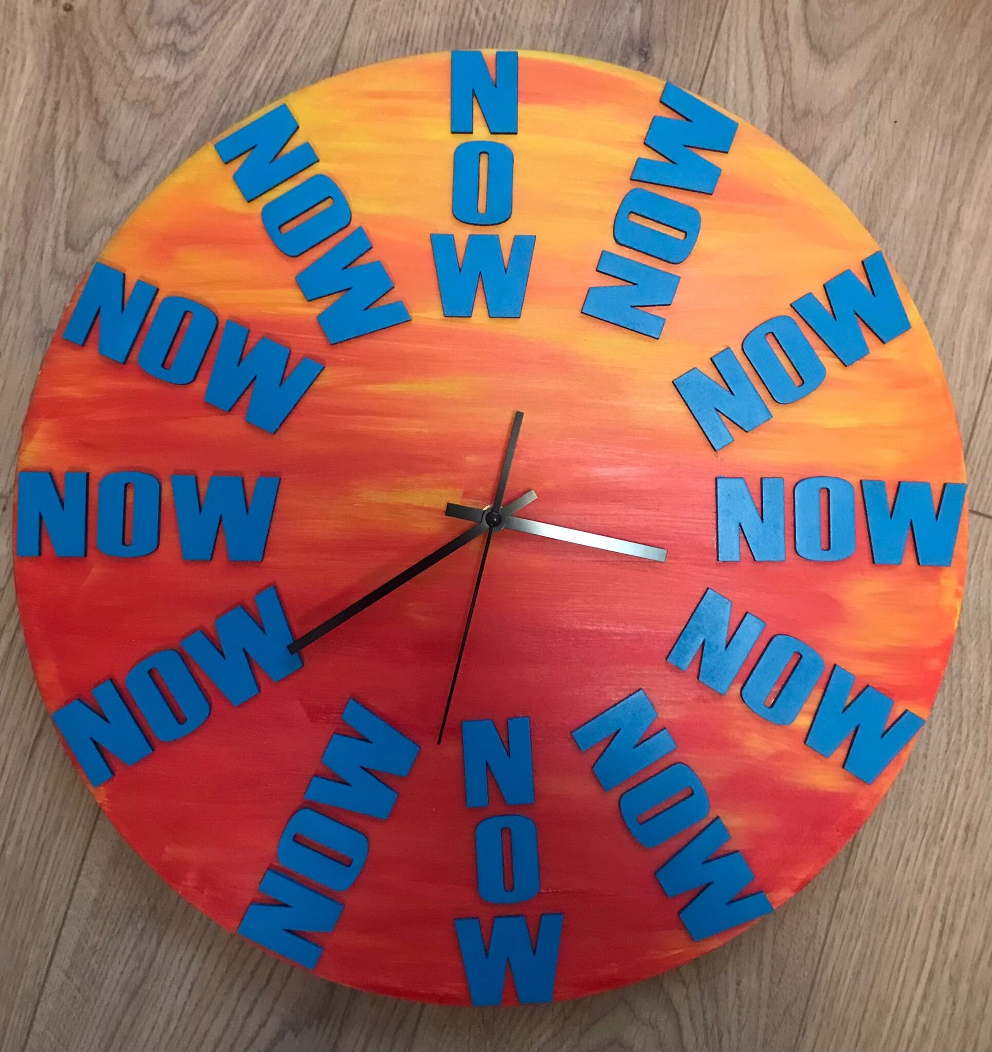 Wall Clock Now 48cm Diameter MDF, Laser Cut Hand Painted Orange and