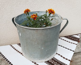 vintage galvanized zinc bucket - vintage metal buckets - farmhouse planters