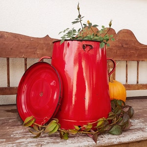large fat tub - vintage enamelware - red enameled tub - vintage flower holder - vintage yard decoration