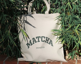 Matcha Monster Tote Bag, Canvas Tote Bag, Aesthetic Tote Bag, Reusable Bag, Grocery Bag, Matcha Minimalistic Design, Green Tea Matcha