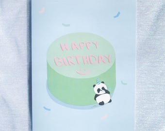 Happy Birthday Cake Card | Panda Celebrating with Large Green Birthday Cake