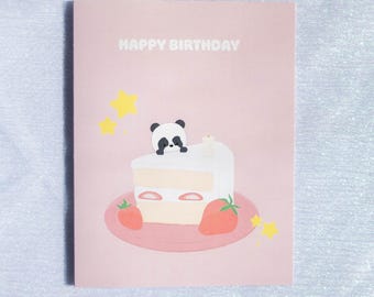 Strawberry Cake Card | Happy Birthday Pink Card, Panda Birthday Card