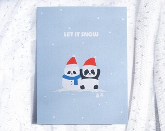 Let It Snow Card | Panda and Snowman in the Snow, Shimmer Christmas Card