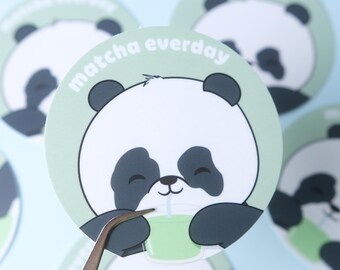 Panda Drinking Matcha Sticker | Hand-Drawn Vinyl Sticker