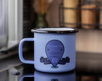 Enamel Mug Matt »Home is where we park« blue - Beautiful camping motorhome caravan gift