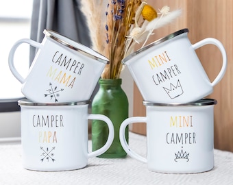 Tazas esmaltadas »Camper Family« - Hermoso regalo de caravana para acampar y autocaravana para toda la familia (mamá, papá, niños, niño, niña)