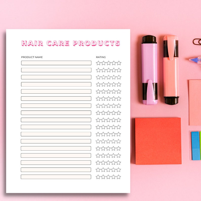 Hair care product tracker, printable, self-care checklist, routine planner, self-care journal, fillable template image 1