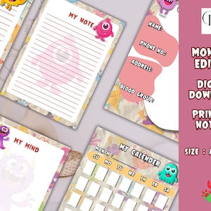 Monster notepad, monster edition memo pad, cute notepad, printable notepad, notepad template, A5  and A4 notepad