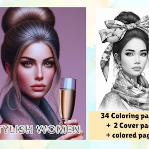 34 Stylish Women Coloring Book, Grayscale Coloring Pages, Coloring Sheets, Fantasy Coloring, Coloring Book for Adults, Instant Download