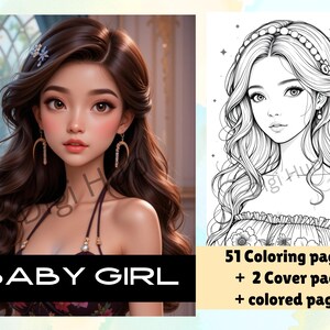 51 Beautiful Girl Coloring Book, Grayscale Coloring Pages, Coloring Sheets, Fantasy Coloring, Coloring Book for Adults, Instant Download