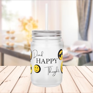 Smiley Face Emoji Mason Jar: Frosted Glass Happy Cup with Lid & Straw