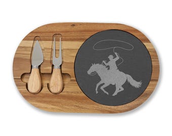 Charcuterie Board, Western Roping Horse Engraved Serving Tray, Kitchen Decor, Cheese Platter, Gift for Horse Lover, Cowboy Theme Hostess