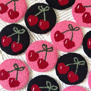 Pink and Black Cherry Drink Car Coasters Cute Coasters For Cars Mug Rug Handmade Unique Punch Needle Tufted Goods