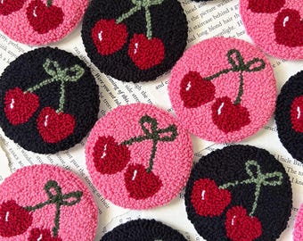 Pink and Black Cherry Drink Car Coasters Cute Coasters For Cars Mug Rug Handmade Unique Punch Needle Tufted Goods