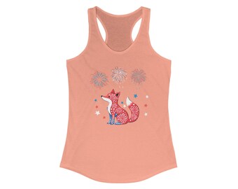 Summer Fox & Fireworks Tank, Women&#39;s Racerback, Sleeveless Tee, Fourth of July Top, Summer Celebration Shirt