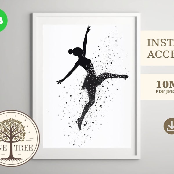 Polka Dot Dance Silhouette - Black & White Printable Art, Eco-Friendly DIY Print at Home Gift, Dance Studio Décor